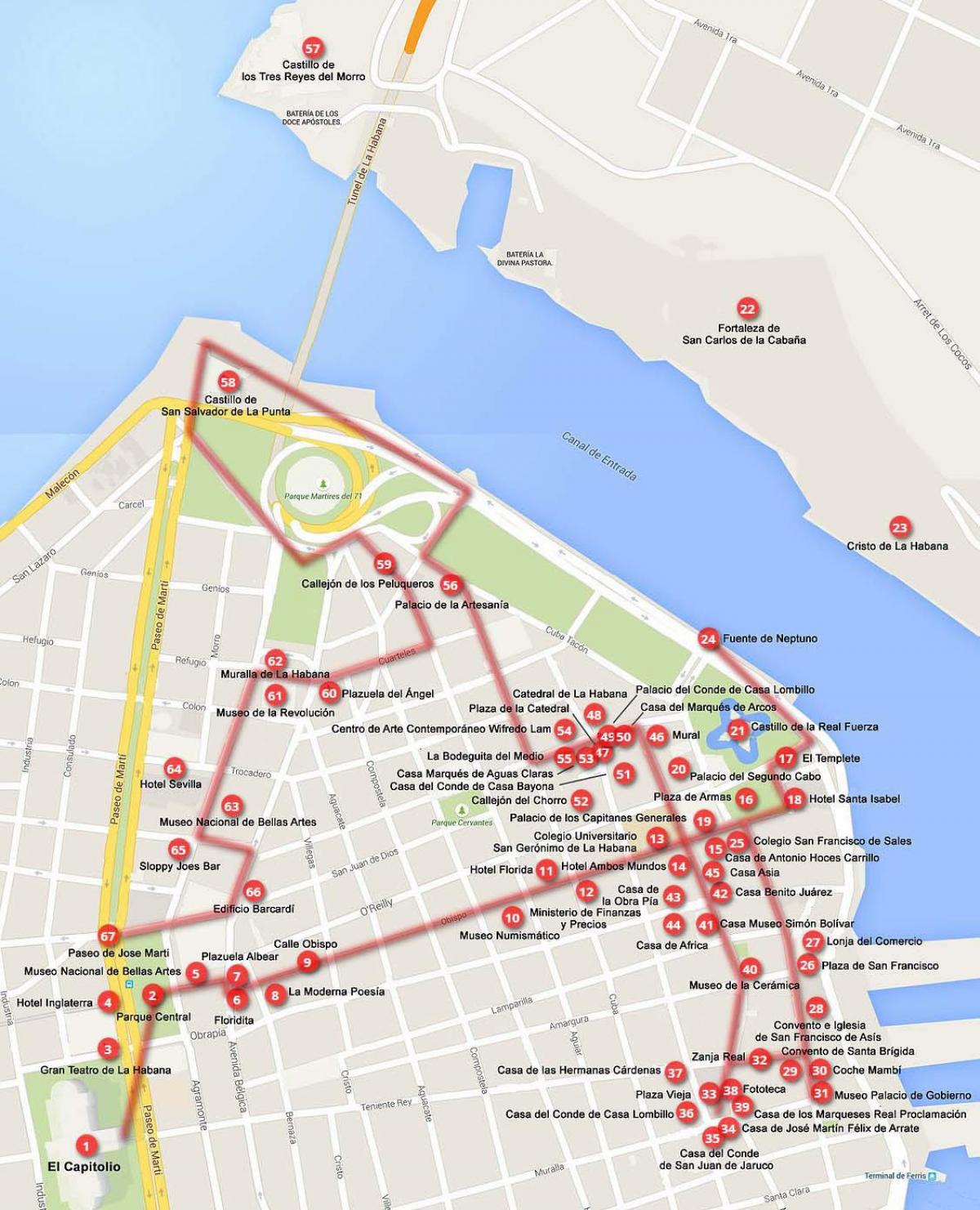 mapa Habanako walking tour